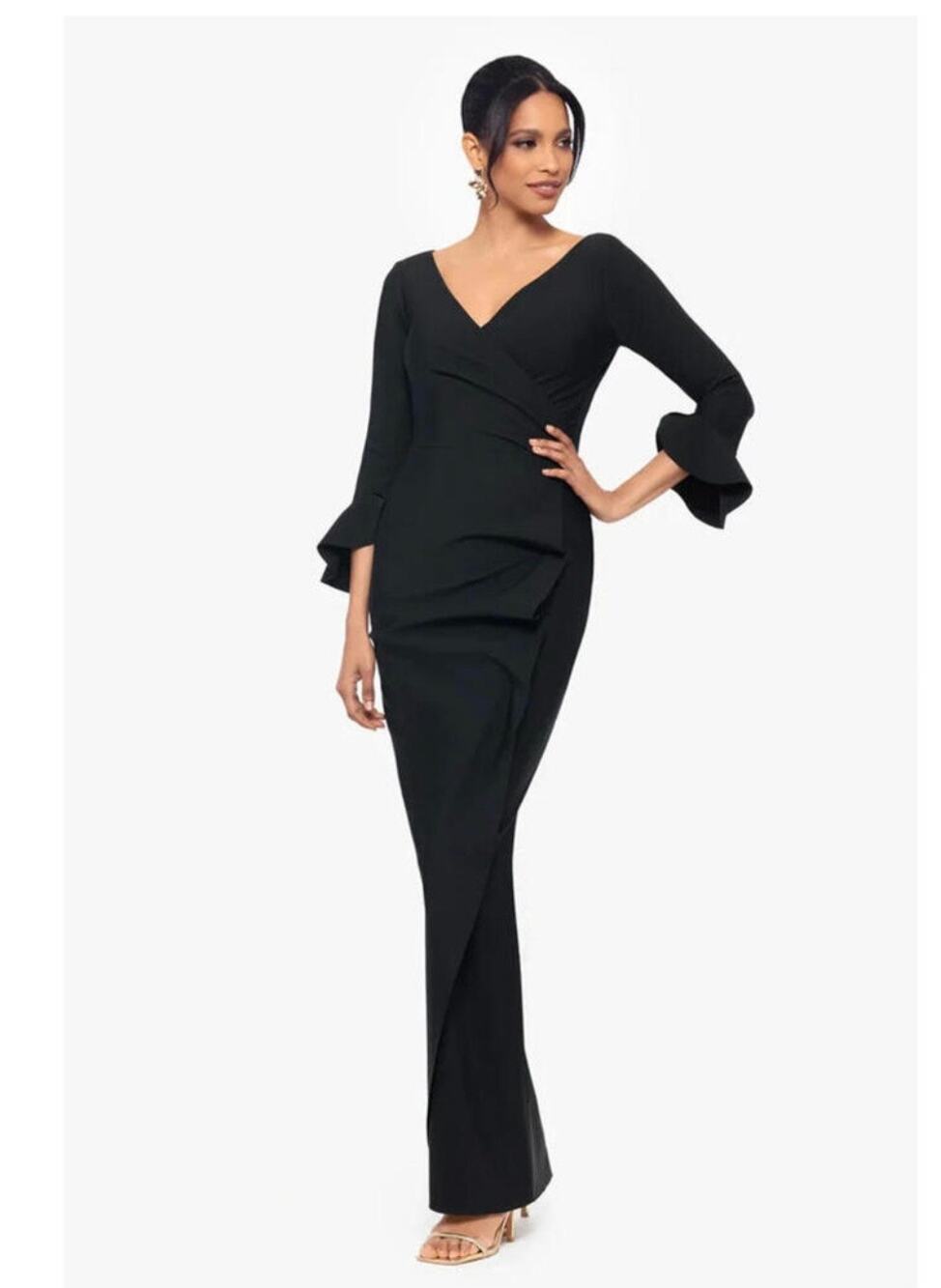 Betsy Adam Black V-Neck Ruffle Sleeve Gown - Size 0 (New)